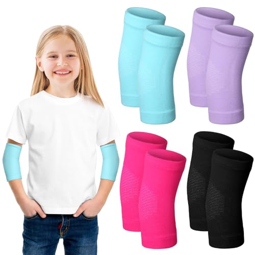 Lenwen 4 Pairs Kids Elbow Brace Compression Arm Elbow Sleeve Knit Guard Gym Protectors for Boys Teen Children Girls Basketball Volleyball Tennis Cycling(5-10 Years,Black, Purple, Rose Pink, Sky Blue) - color: Black, Purple, Rose Pink, Sky Blue, size: 5-10