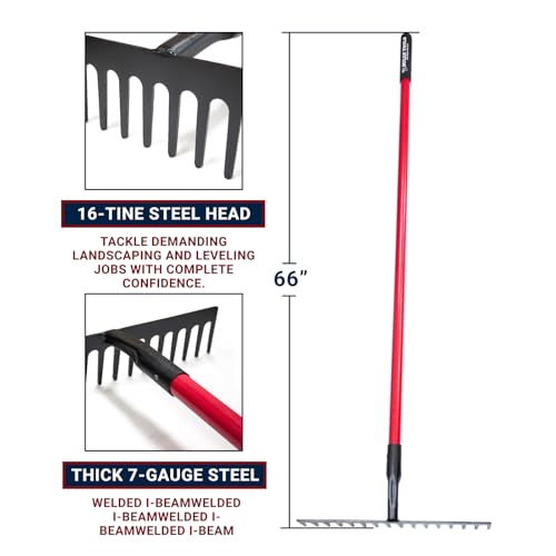 7-Gauge 16-Tine Stone Rake | Heavy Duty Garden Rake for Spreading Gravel Stones and Mulch | 66" Fiberglass Long Handle Lawn Rake for Soil Leveling and Smoothing, Yard Rake 100% Made in USA