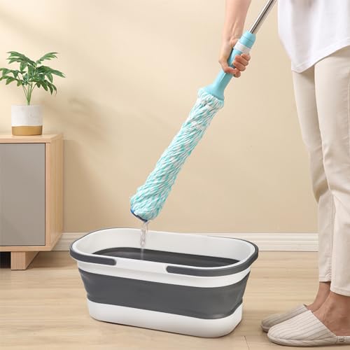 Yesland 2 Pack Collapsible Plastic Bucket with Wheels, 12L (3.17 Gallon) Foldable Rectangular Mop Bucket, Portable Water Pail with Handle for House Cleaning, Car Washing, Fishing, Camping, Gray & Blue