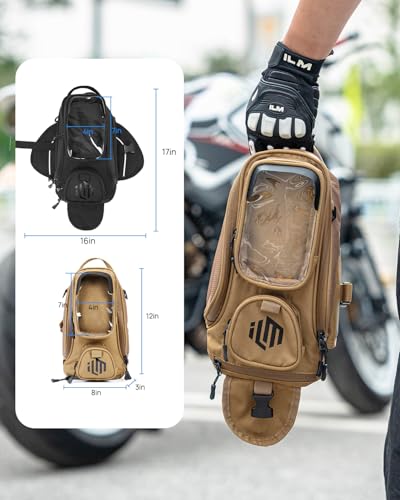 ILM Motorcycle Tank Bag Magnetic 4 Straps Reinforced Fastening Waterproof Touch Screen Phone Pouch Motorbike BT01 - color: Yellow Brown