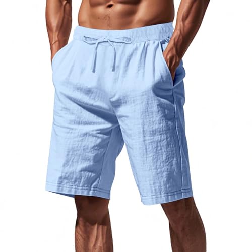 Linen Cargo Shorts for Men 2025 Summer Casual Elastic Waist Drawstring Lightweight Workout Beach Shorts with Pockets Sky Blue M