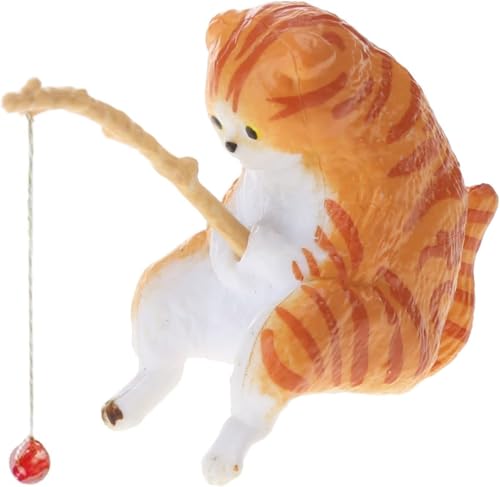 Cat Fishing Statue Decor, Resin Aquarium Ornament, Mini Tank Decoration, for Tanks Desk Yard Pond, Indoor Outdoo (Black)