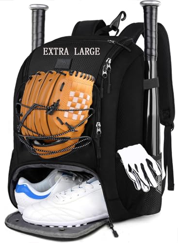 MATEIN Youth Baseball Backpack, Softball Bat Bag with Shoes Compartment | Lightweight Baseball Bag for Boys and Adult, Fence Hook Hold TBall Bat, Batting Mitten, Helmet, Caps, Teeball Gear Equipment - color: Black, size: 47L