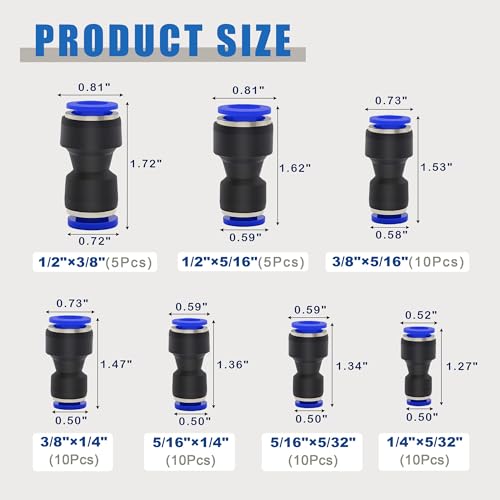 60PCS Quick Connect Reducer Fitting Kit 4 6 8 10 12 mm Reducing Push to Link Pneumatic Connector with 1PCS Tube Cutter