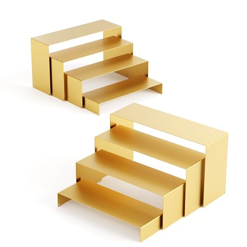 Gold Matte Metal Display Stand,8 Pcs 2 Set Display Risers, Metal Rectangular Display Shelf Holders for Showcase, Dessert, Perfume, Vendor Events, Cupcake Stands, Toys Display Shelves ( 8Pcs-Gold, 7”L~8”L~9”L ) - color: 8Pcs-Gold
