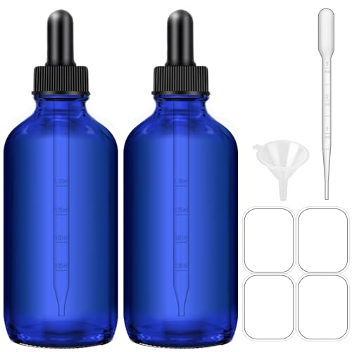 Dropper Bottles, 4oz Blue Bottle with Dropper for Essential Oils with Funnel, Labels & Pipette, 2-Pack Tincture Bottles with Dropper(Unbreakable Plastic Eye Dropper) - color: Blue