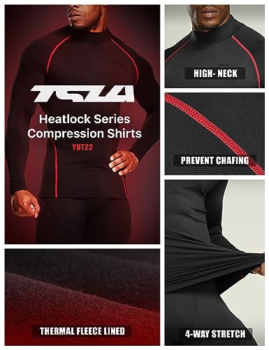 TSLA Men's Thermal Long Sleeve Compression Shirts, Mock/Turtleneck Winter Sports Running Base Layer Top - color: 2pack Black, Red/Charcoal, size: X-Small