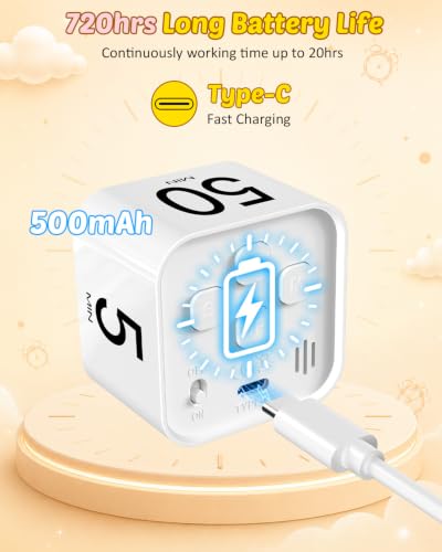 Digital Pomodoro Timer Cube 5/10/25/50min Preset, Silent & Sound Alarm - color: White