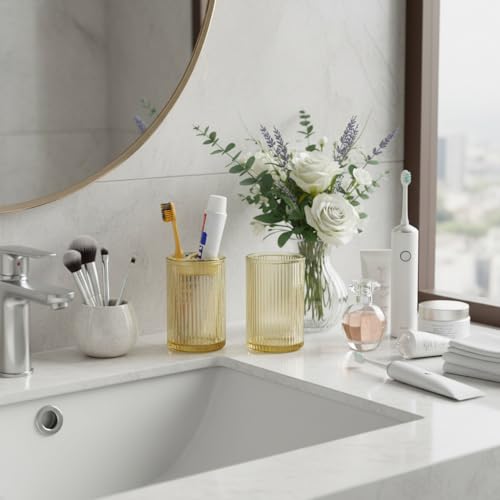 Toothbrush Holders for Bathrooms, 2pcs Amber Glass Toothbrush Holder, Bathroom Toothbrush Cup and Toothpaste Holder with Gold Divider, Tooth Brush and Toothpaste Organizer for Countertop - color: Amber Gold