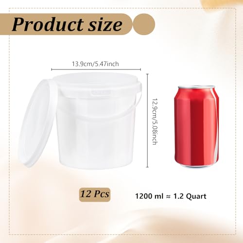 12 Pcs White Plastic Bucket with Lid and Handle, Food Grade Buckets with Lids, Ice Cream Containers Food Safe Bucket for Multipurpose Storage Paint Water Art Crafts Projects (1.26 Quart)