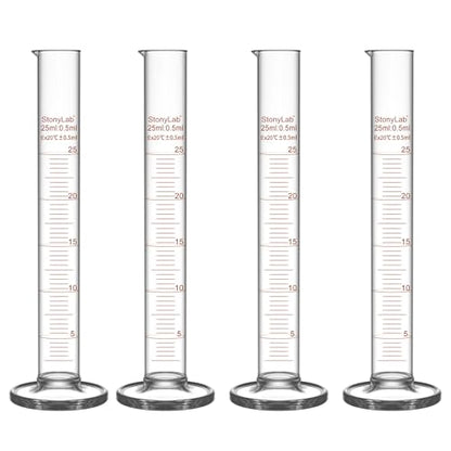 StonyLab 4-Pack Borosilicate Glass 25ml Heavy Wall Graduated Cylinder Measuring Cylinder, 10ml - size: 25 ml