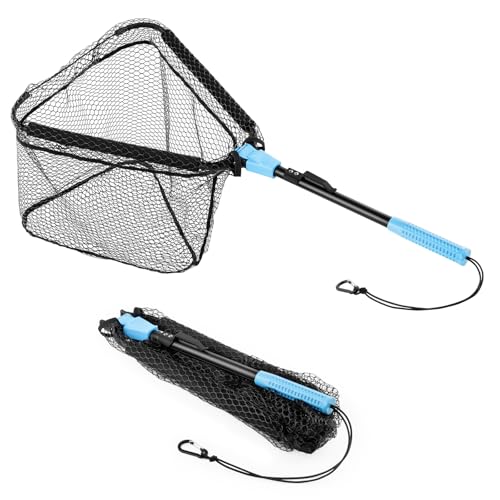 Calamus Triangle Fishing Net, Foldable, Lightweight & Strong Landing Net with Non-Slip Elastomer Handle, Built-in Elastic Lanyard and Belt Clip, Fishing Gear - Gift for Men