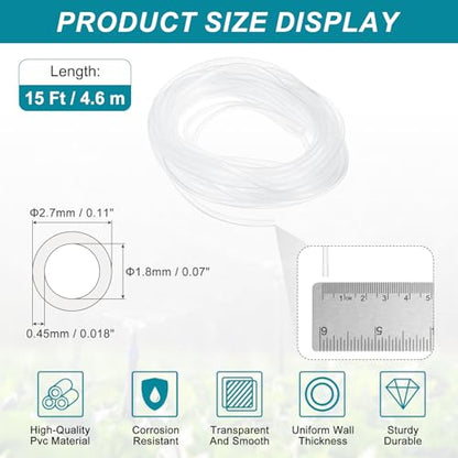 uxcell Clear PVC Tubing, 1.8mm ID x 2.7mm OD - 15ft PVC Tube Lightweight Vinyl Hose, Transparent Flexible Plastic Water Tubing for Air Oil Water Transfer Aquarium Irrigation - size: 1.8mm ID x 2.7mm OD