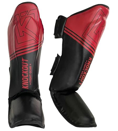 Muay Thai Shin Guards MMA Martial Arts -Padded, Adjustable Leg Guards with Instep Protection for Training and Sparring Gear Kickboxing Equipment – Durable, Professional - color: Black/Red, size: Large-X-Large