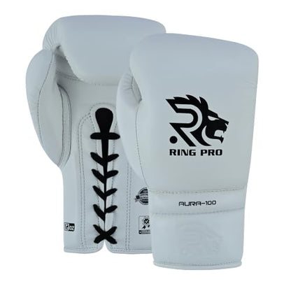 Aura 100 Full Grain Leather Lace Up Boxing Gloves for Men & Women – Professional Training, Sparring, Competition, Muay Thai, Kickboxing & Heavy Bag Gloves - color: White, size: 14 OZ