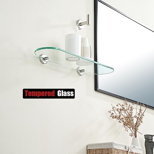 JQK Bathroom Glass Shelf, Tempered Glass Shower Storage 20 by 5 inches, 304 Stainless Steel Brushed Finish Wall Mount, TGS121L20-BN - color: Brushed, size: 20 Inch