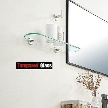 JQK Bathroom Glass Shelf, Tempered Glass Shower Storage 20 by 5 inches, 304 Stainless Steel Brushed Finish Wall Mount, TGS121L20-BN - color: Brushed, size: 20 Inch