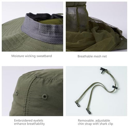 BASSDASH UPF 50+ Mosquito Sun Hat with Hidden Head Net and Neck Flap for Men Women Outdoor Fishing Hiking Camping - color: Army Green