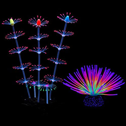 Uniclife Aquarium Imitative Rainbow Sea Urchin Ball and Pink Strip Coral Plant Ornament Artificial Silicone Ornament with Glowing Effect for Fish Tank Landscape Decoration