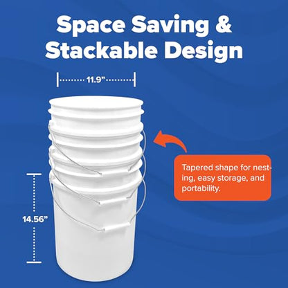 5 Gallon Bucket - Food Grade Bucket, Metal Handle Grip, BPA-Free, Heavy-Duty 90 Mil HDPE Plastic Pail, Stackable Utility Container, Made in USA, Lid Not Included, White, 60 Packs - color: White, size: 60 Packs