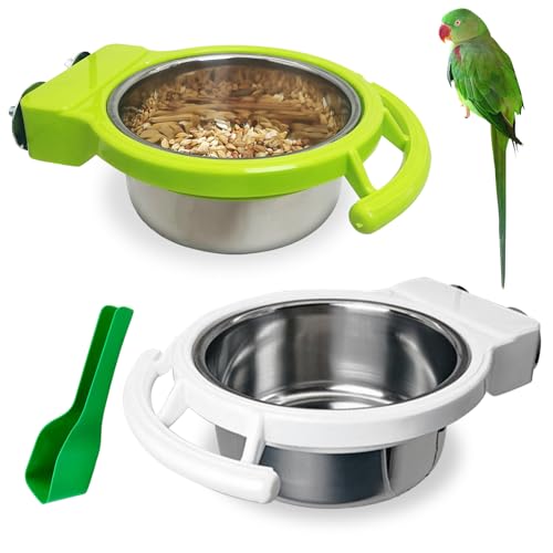 2 PCS Bird Feeding Dish Cups with Perch Stand Hanging Stainless Steel Bird Bowls Food Container Food and Water Bowls with Spoon for Budgie Cockatoo Finch Lovebirds Pigeons (Green&White)