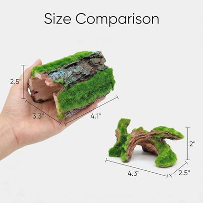 Reptile Hideout & Aquarium Cave Decor 2-Pack, Resin Hollow Log Hide for Fish Tank, Shrimp Turtle Lizard Betta Hiding Spot, Aquarium Ornament with Moss Look, 2.5"-4.1"