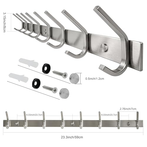 WEBI Heavy Duty 24 Inch SUS 304 Coat Bath Towel Hook Hanger Rail Bar with 8 Hooks,Brushed Finish,for Bedroom,Foyers,Hallways Home Office Storage Organization, C-CBG08 - size: 8 Hooks