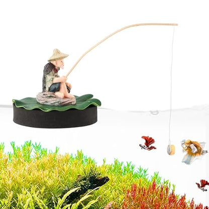 Resin Fisherman Aquarium Decor with Realistic Mini Fishing Rod, Sitting Fishing Figurines Floating Fish Tank Decorations, Fun Fish Feeder Aquarium Ornaments(Style 2)