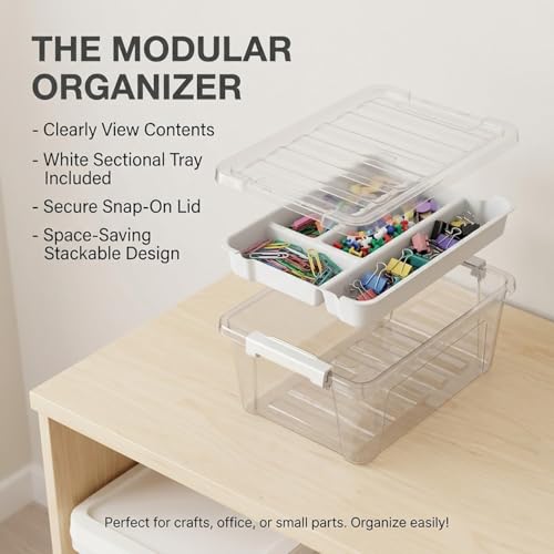 8-Quart Clear Plastic Storage Box with Removable Tray 2-Pack Craft Bins Organizers Containers