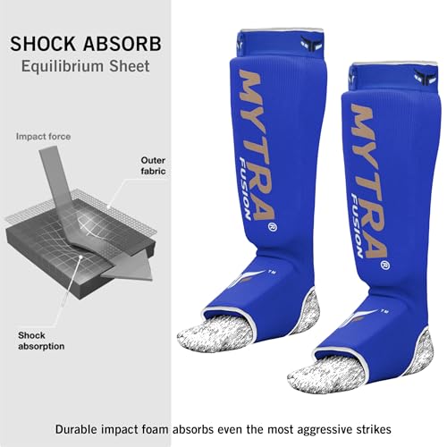 Mytra Fusion Shin Pads Instep Protector Kick Boxing Muay Thai Training Elasticated shin Guards - color: Blue, size: Small-Medium