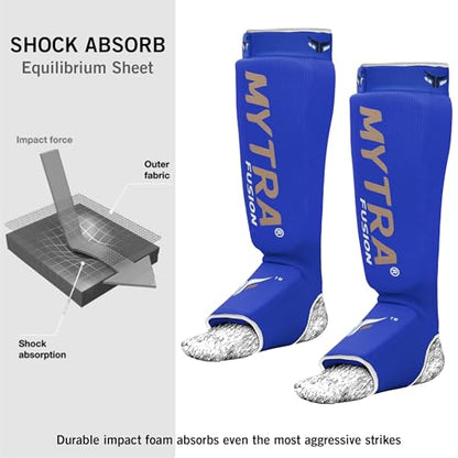 Mytra Fusion Shin Pads Instep Protector Kick Boxing Muay Thai Training Elasticated shin Guards - color: Blue, size: Small-Medium