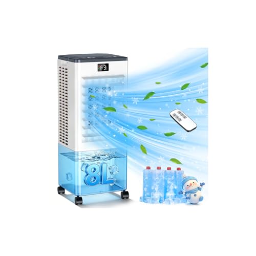 Portable Air Conditioners,3-in-1 Evaporative Cooling Fans that Blow Cold Air, 4 Modes 3 Speeds, 120°Oscillation, LED Display, 12H Timer, Windowless Portable AC w/ 8L Tank & Remote for Home Bedroom