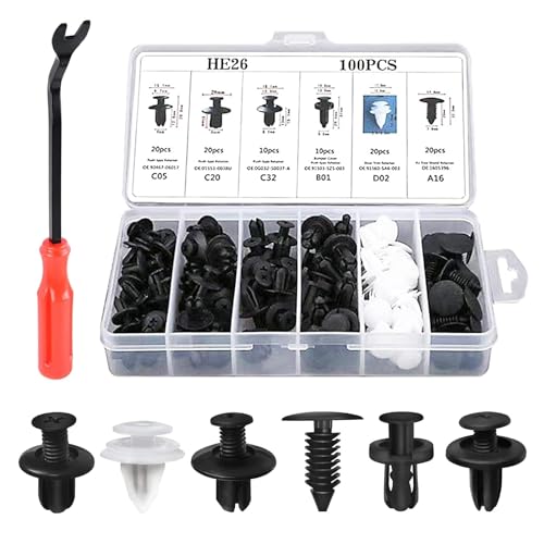 100 PCS Car Buckle Combination Set, PA66 Injection Molded Bumper Push Fastener Rivet Clamp Expansion Screw, Universal Fastening Screw Replacement Kit, Suitable for Most Models (Black & White)