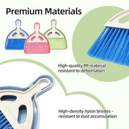 6Pcs Small Dust Pan and Brush Set with Cleaning Cloth - Blue & Green & Pink Brooms, Mini Hand Broom and Dustpan Set Whisk Dustpan Brush Kid Broom for Table Desk Car Keyboard