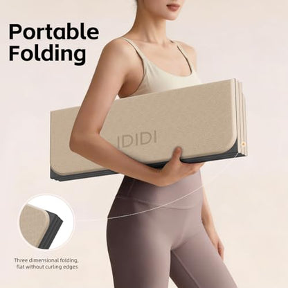 Extra Thick 10mm Foldable Yoga Mat, SGS Certified POE Non-Slip Mat, Multi-Purpose Exercise & Fitness Mats for Studio or Home - color: Beige-74"L x 26"W x 0.4"Th