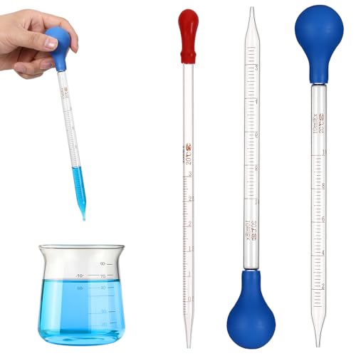 3Pcs Glass Pipettes Dropper, 10ml Graduated Liquid Dropper with Rubber Bulb for Laboratory, Medicine, School, Food, Research