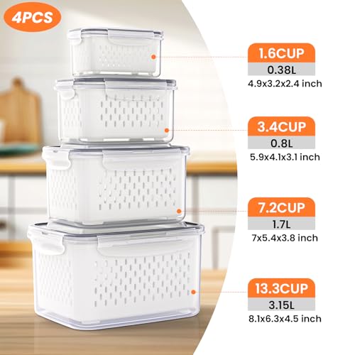 8 Pieces Fruit Storage Containers for Fridge with Lids and Strainer, 4Pack Fruit Containers for Fridge, Fresh Produce Saver Keeper for Vegetable Fruit Salad, BPA Free Fruit Organizer for Refrigerator