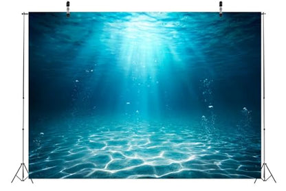 Fabric 7x5ft Blue Sea Underwater Backdrop Under the Sea Sunlight Seascape Background Through Water Surface Seabed Bubbles Background for Undersea Party Decor Mermaid Birthday Banner
