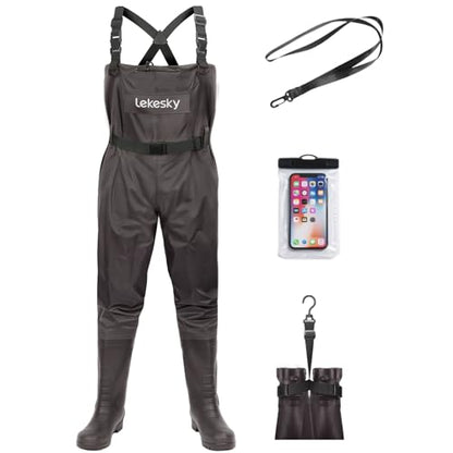 Lekesky Fly Fishing Chest Waders with Boots for Men Women, US Sizes 5–14,2-Ply Nylon/Pvc Waterproof Waders - color: Brown, size: M7/W9