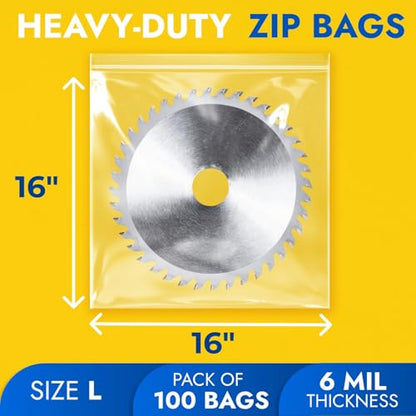 16" x 16" Reclosable Plastic Zip Bags, Pack of 100, 6 Mil Heavy-Duty Clear Poly Bags, Resealable for Food, Clothes, Hardware, Jewelry - size: 16"W x 16"H