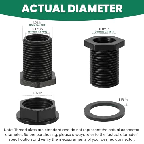 12 Pack Bulkhead Fitting, Double Threaded 3/4" Male GHT x 1/2" Female NPT, Water Tank Connector for Rain Barrels, Ponds, Aquariums, Tubs and Pools