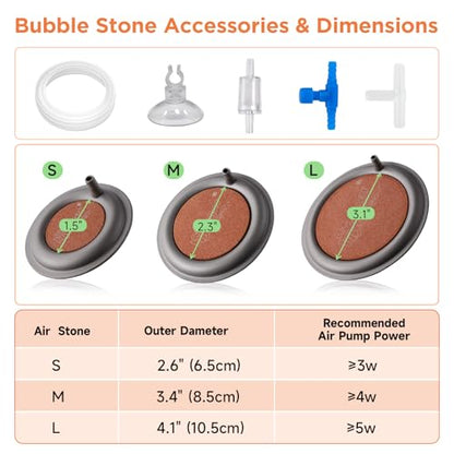 hygger Aquarium Air Stone, 2.6 Inch Nano Air Stone Makes Super Tiny Bubbles, Ultra Quiet Dissolved Oxygen Diffuser Small Airstone with Stainless Steel Base for Aquarium, Fish Tank & Hydroponic, Round
