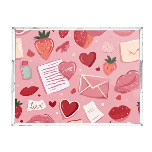 Acrylic Tray Clear Serving Vanity Ottoman Bathroom Coffee Table Countertop Organizer Raised Edge Spill Proof Pink Love Strawberries Hearts Letters - color: Pink Love Strawberries Hearts Letters