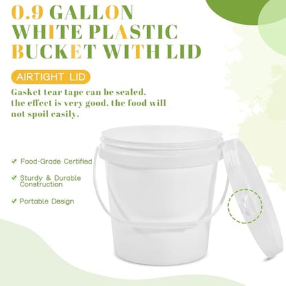 10 Pack 0.9 Gallon White Plastic Buckets with Lids and Handles –Portable Storage Containers for Dry Food, Paint, Camping, Fishing Supplies