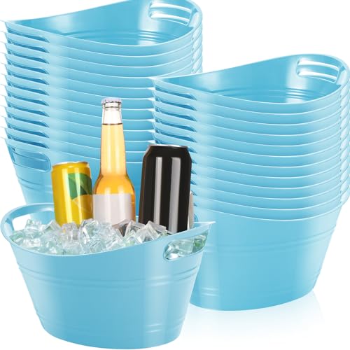 24 Pcs Oval Storage Tub with Handles, 4.5l Plastic Ice Buckets Bulk for Wine Beer Champagne Drink Cooler Beverage Storage Tub for Parties BBQ Weddings Party Outdoor Celebration(Sky Blue) - color: Sky Blue