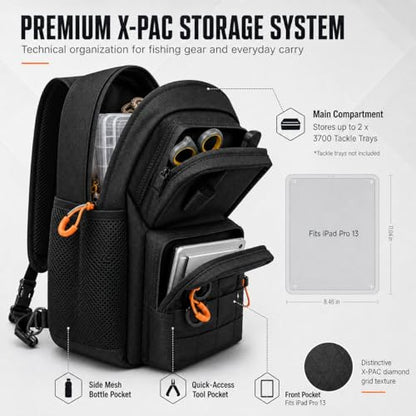 X-PAC Fishing Sling Bag 6L Waterproof Crossbody Tackle Pack with Rod Holder