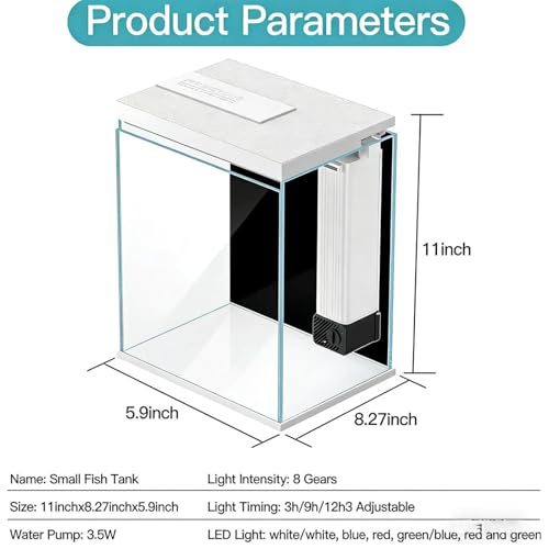 2 Gallon Glass Betta Fish Tank with Heater Filter and Light, Self-Cleaning Small Aquarium Starter Kits