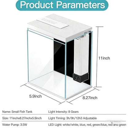 2 Gallon Glass Betta Fish Tank with Heater Filter and Light, Self-Cleaning Small Aquarium Starter Kits