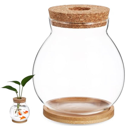 Clear Desktop Fish Bowl with Lid, Small Glass Table Fish Tank with Wood lid Betta Aquarium Plant Terrarium Vase for Home Office Decoration, 13X14cm/3.9X4.2in