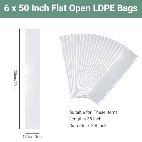 Plastic Poster Sleeves, 20 Pack 6 x 50 Inch Acid-Free Clear Storage Bag, Waterproof Flat Open Poly Long Narrow Tube for Blueprint, Collection, Painting Artwork, Fishing Rod and Umbrella, 2Mil